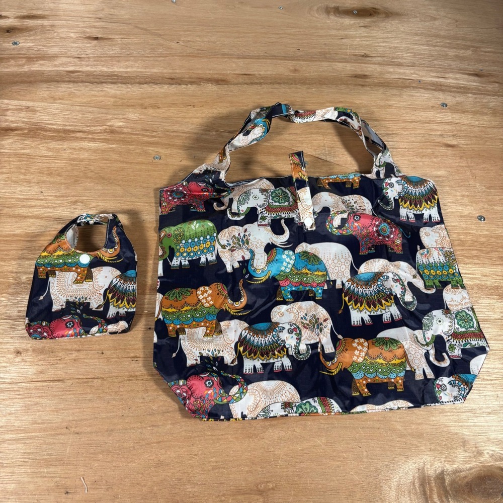 Boho Elephant Print Foldable Reusable Shopping Bag with Pouch Navy Blue